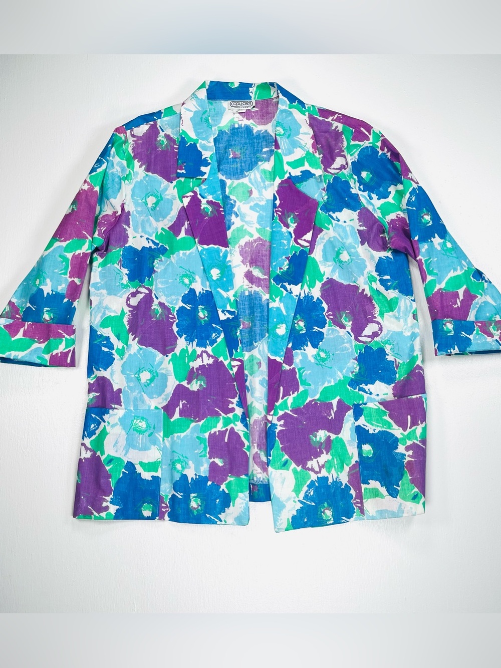 Vintage Bold Floral Print Blazer Large 100% Cotton Jacket Blue Green Purple